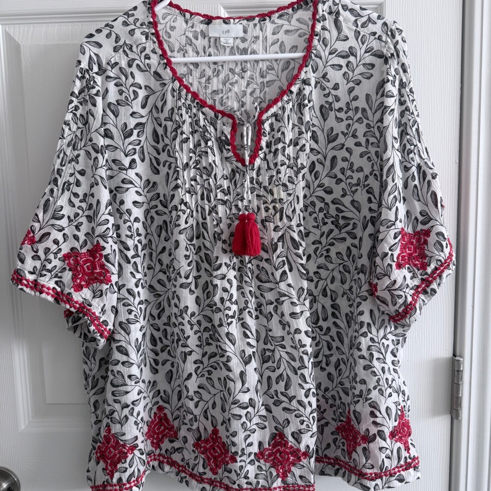 J. Jill Embroidered Blouse Womens 2X Floral Tassel Cotton Top Lightweight Boho